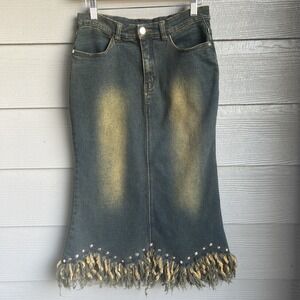 Vintage Skirt Womens Size 12 Blue Denim Festival Country Western Fringe Cowgirl